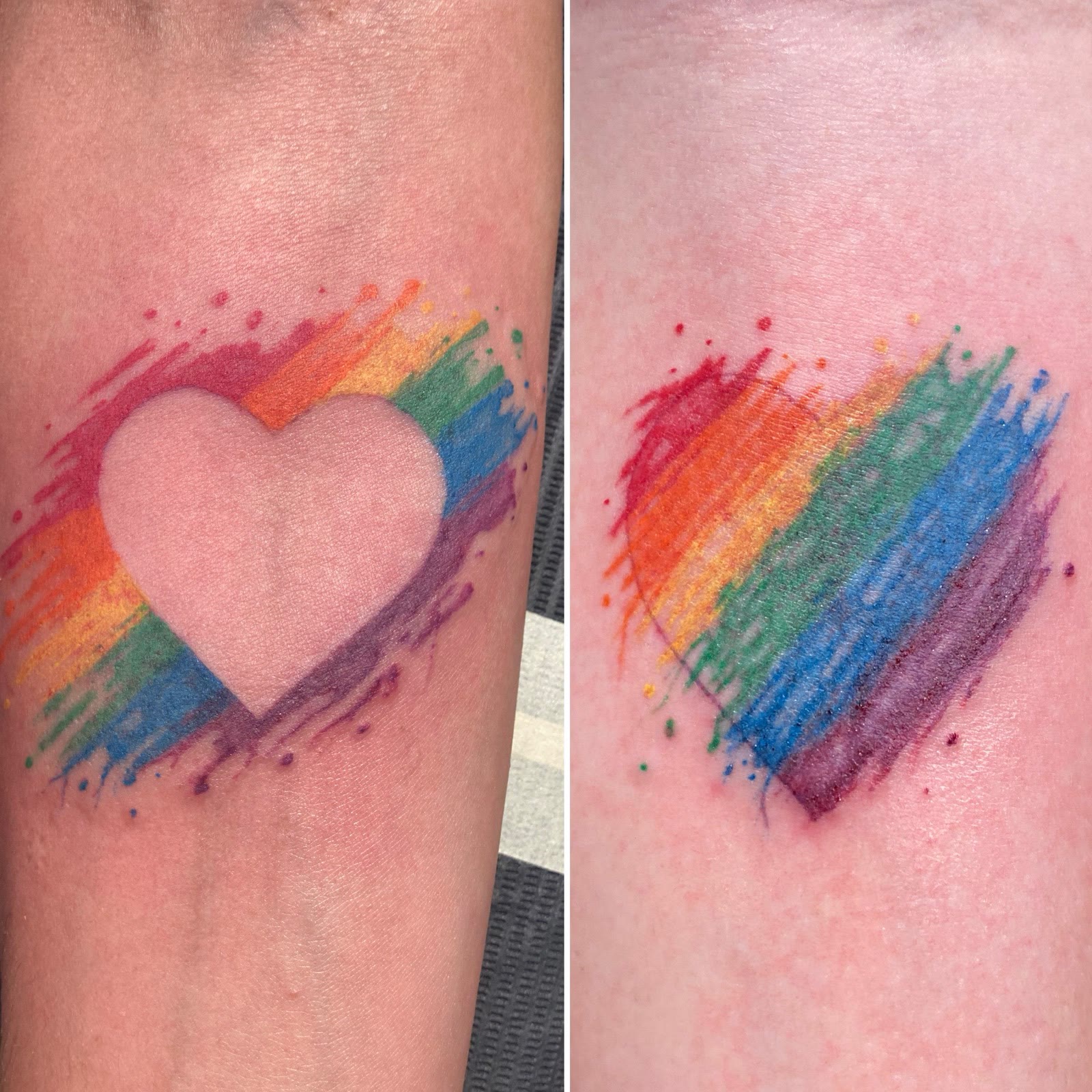 Matching rainbow heart tattoos in brushed watercolor on two forearms