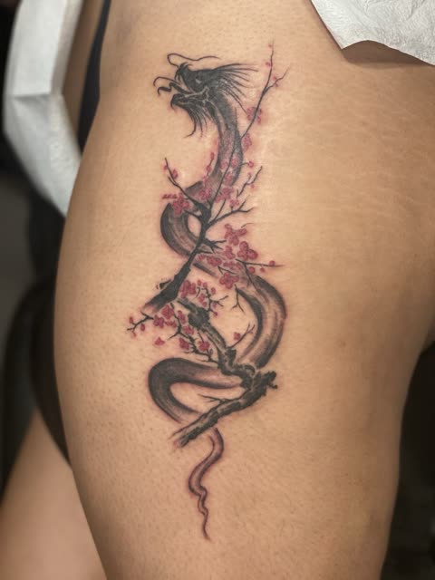 Dragon tattoo winding through red cherry blossoms, brushed ink style, on a thigh