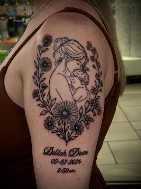 Fine line tattoo of a mother holding a child, framed in flowers with a name and birth date in script, on an upper arm