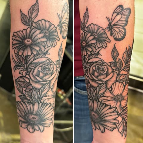 Floral forearm tattoo with daisies, a rose and a butterfly, black shading, shown from two angles