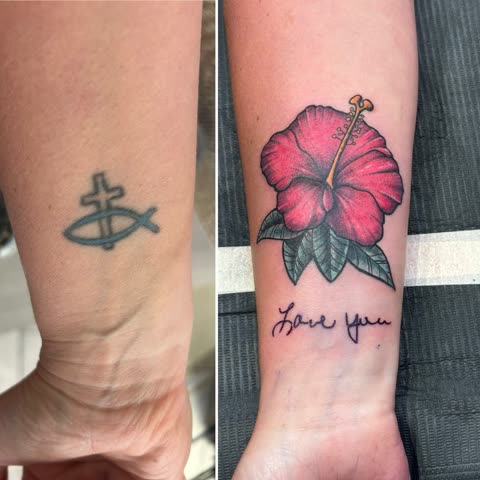 Cover-up tattoo shown before and after, a faded wrist piece covered with a red hibiscus and handwritten script