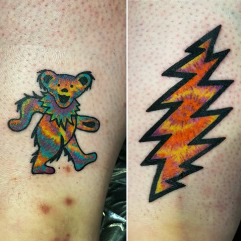Matching tie-dye dancing bear and lightning bolt tattoos in bright color