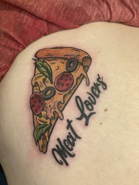 Pizza slice tattoo with Meat Lovers in script, full color