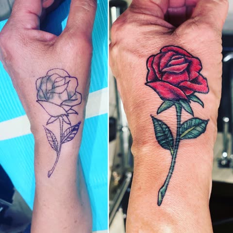 Restoration tattoo shown before and after, a faded rose on the hand brought back bold in red and green