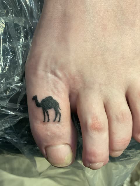 Small camel silhouette tattoo in solid black on a big toe