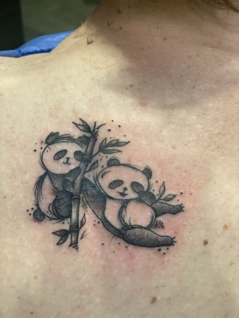 Sketch style tattoo of two pandas climbing bamboo on the upper chest
