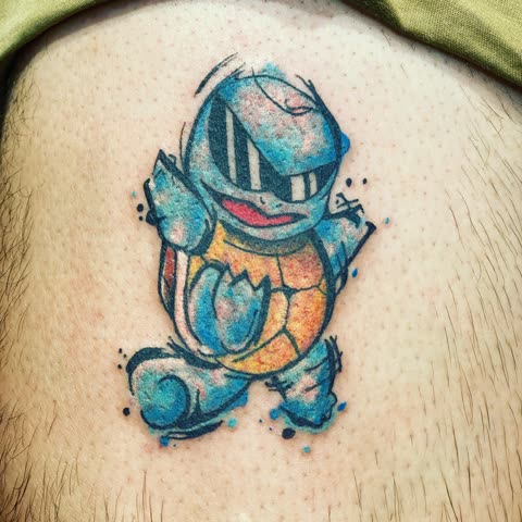 Cartoon turtle character tattoo in watercolor sketch style