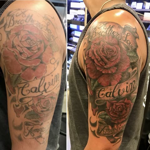 Restoration tattoo shown before and after, a faded upper arm rose piece with name banners brought back with fresh color and shading