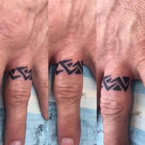 Triangle pattern ring band tattoo in solid black around a finger, shown from three angles